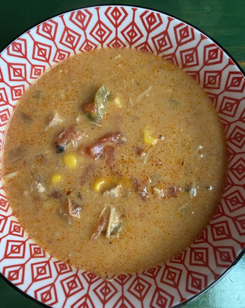 The chicken enchilada soup before toppings are added.