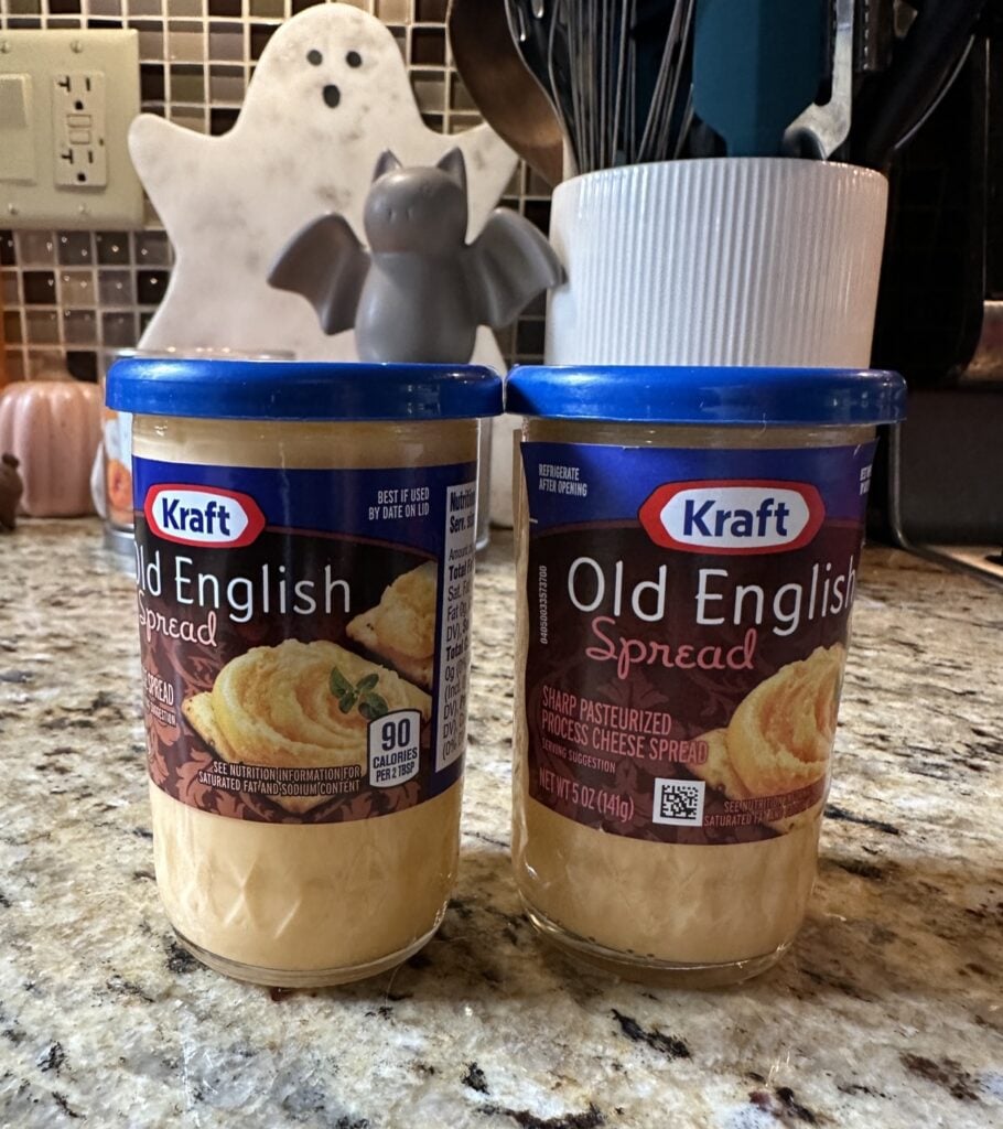 Kraft Old English Cheese Spread in front of a bat figuring and ghost decoration
