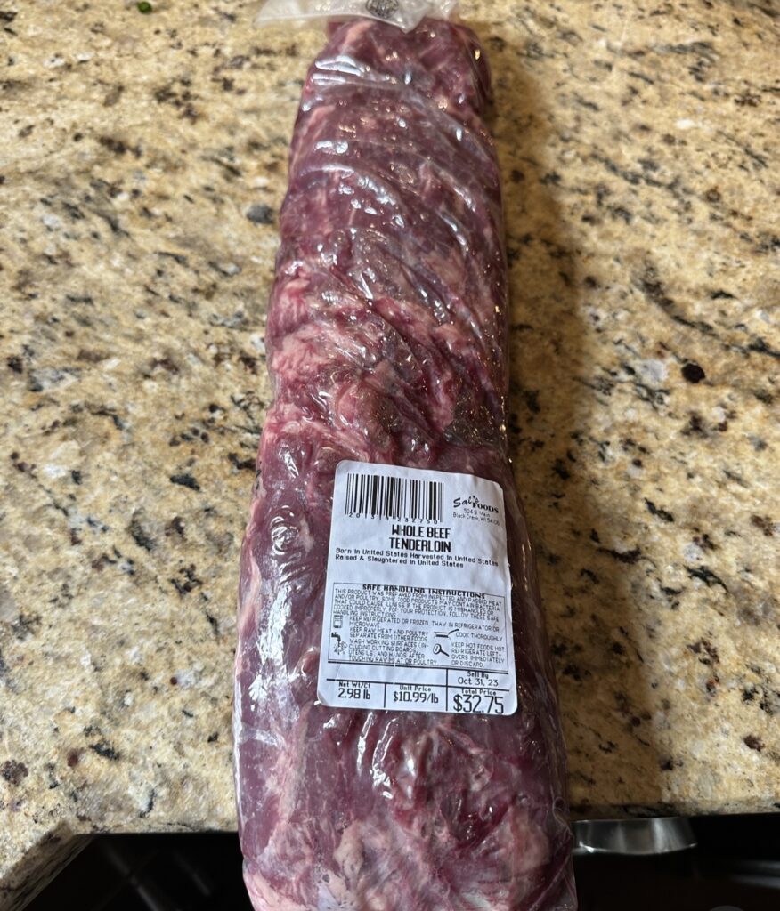Packaged raw beef tenderloin