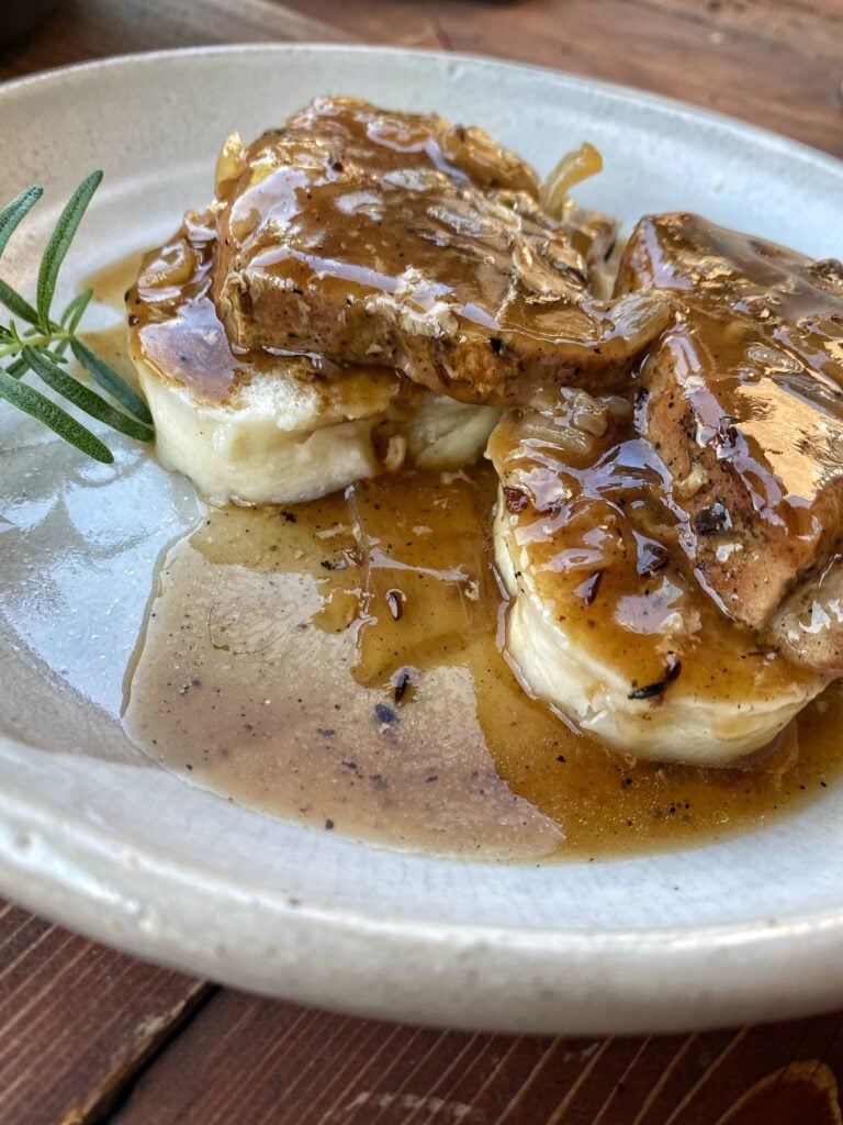 Finished winter pork roast over bread dumplings.