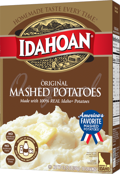 A box of Idahoan instant mashed potatoes
