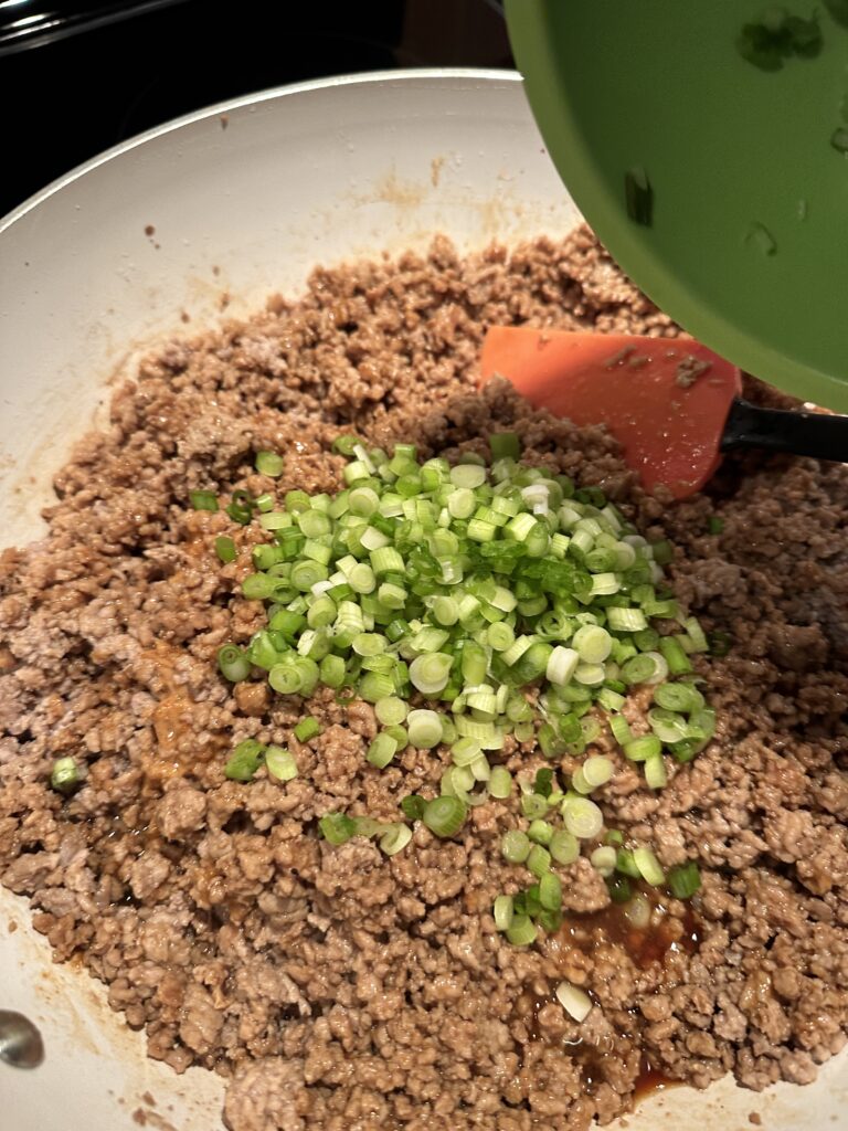 Ground pork, green onion, and seasonings in a pan