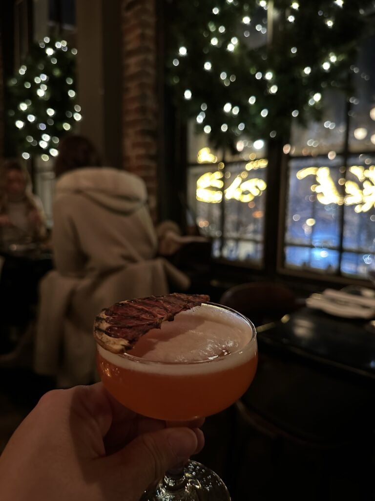 A cocktail with a slice of dried fruit on top