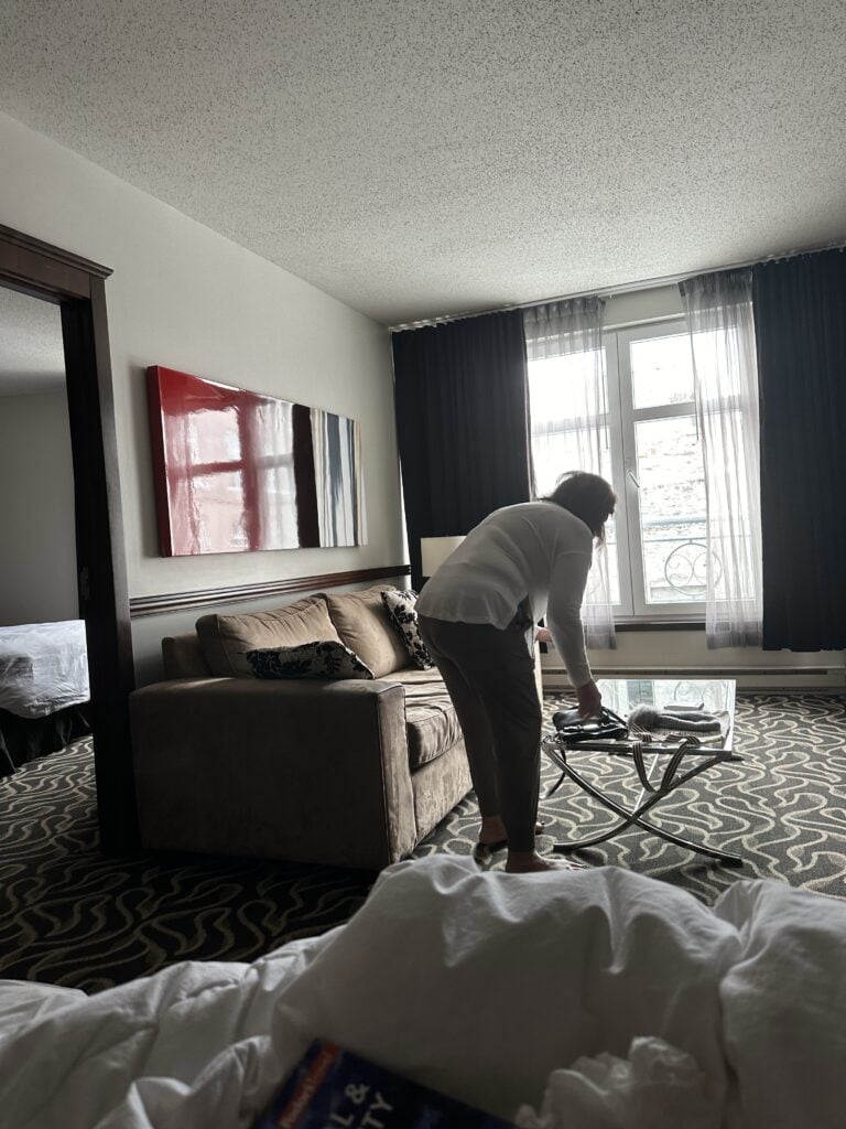 My mom in the hotel room