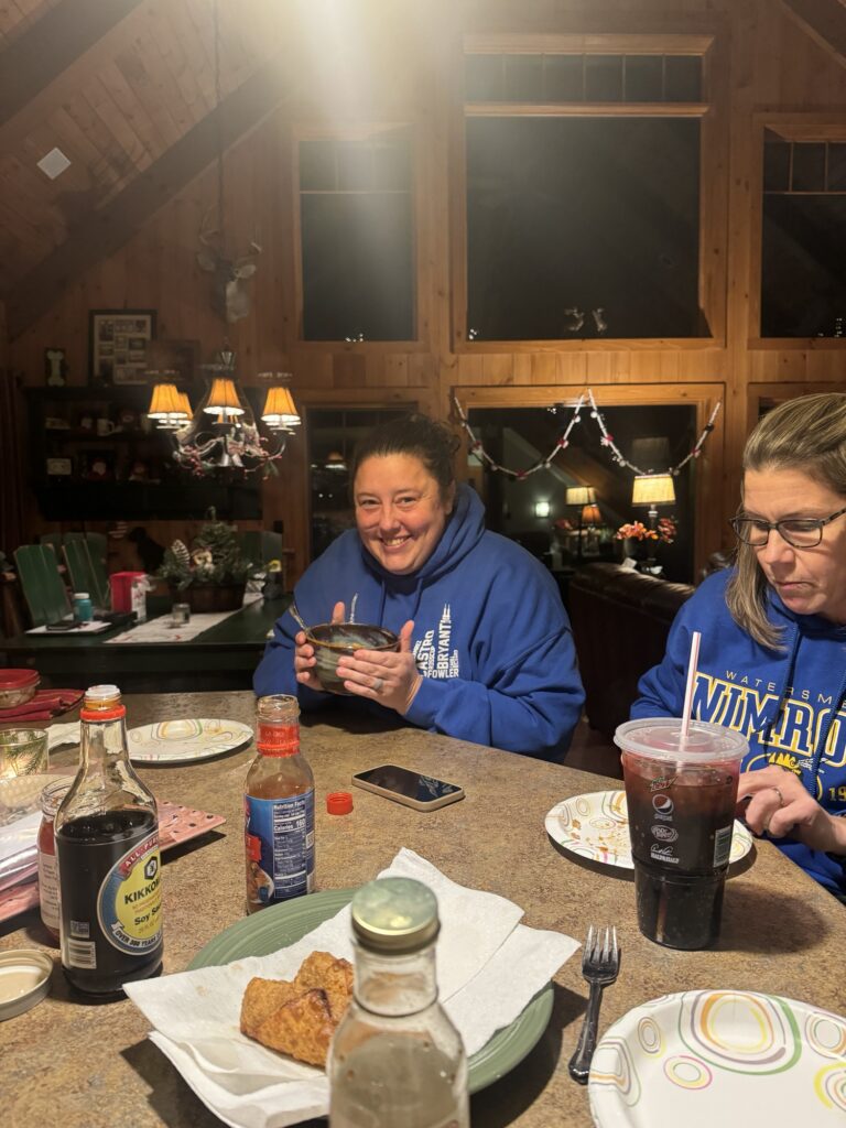 Midwest gals enjoying at home Chinese takeout