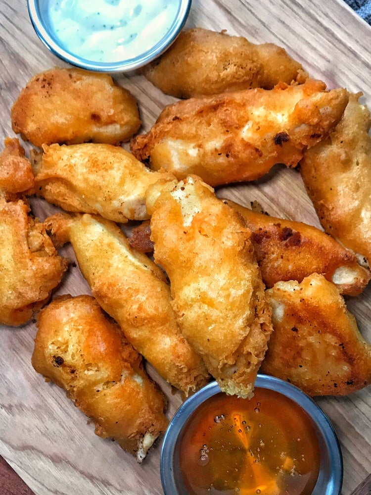 Pancake battered chicken tenders with syrup