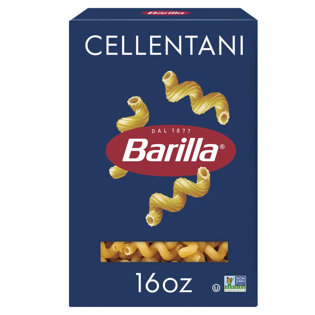 A box of Barilla brand cellentani pasta