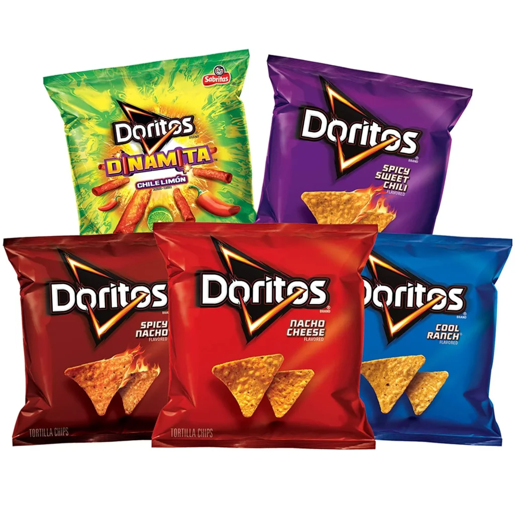 Five bags of Doritos in different varieties including "Dinamita" Chile Limon, Sweet Spicy Chili, Spicy Nacho, Nacho Cheese, and Cool Ranch