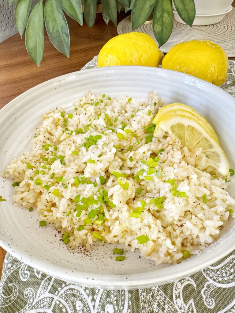 Lemon pepper rice in a white bowl
