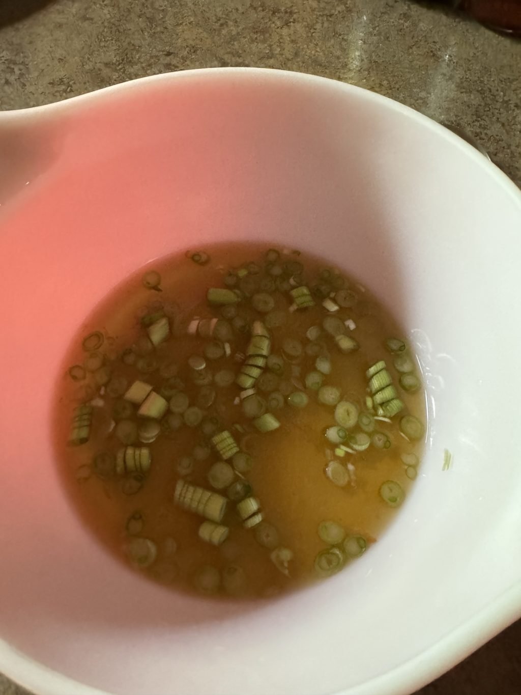 Dashi base in a bowl with sliced green onion.