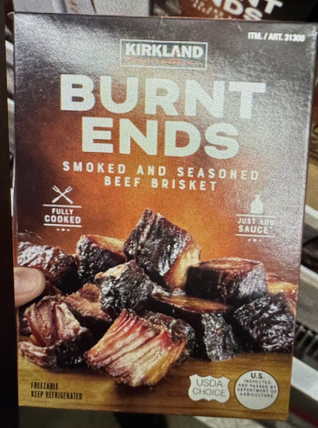 A box of Kirkland brand smoked and seasoned beef brisket burnt ends