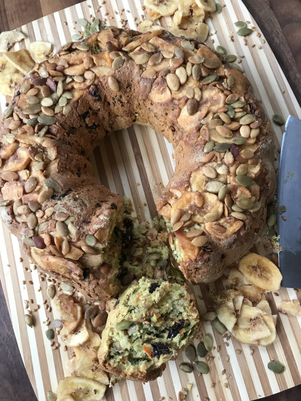 Breakfast bread with a slice removed.