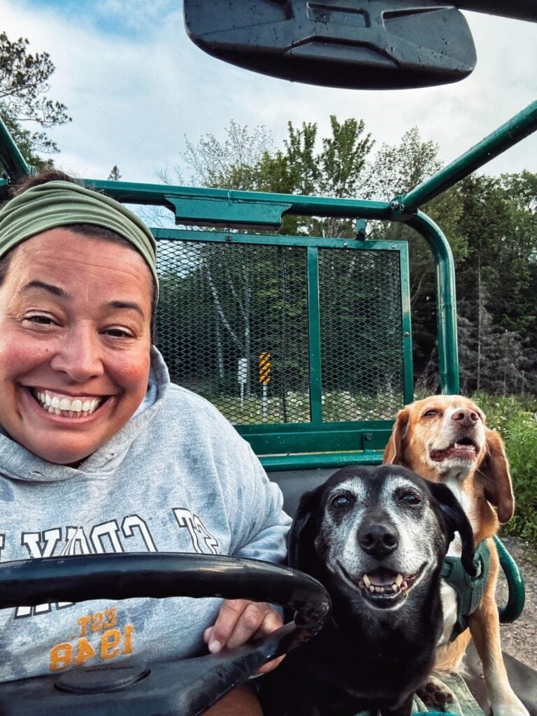Me driving with my dogs, Gus and Daisy, in a green mule vehicle.