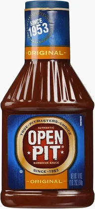 A bottle of Open Pit BBQ sauce.