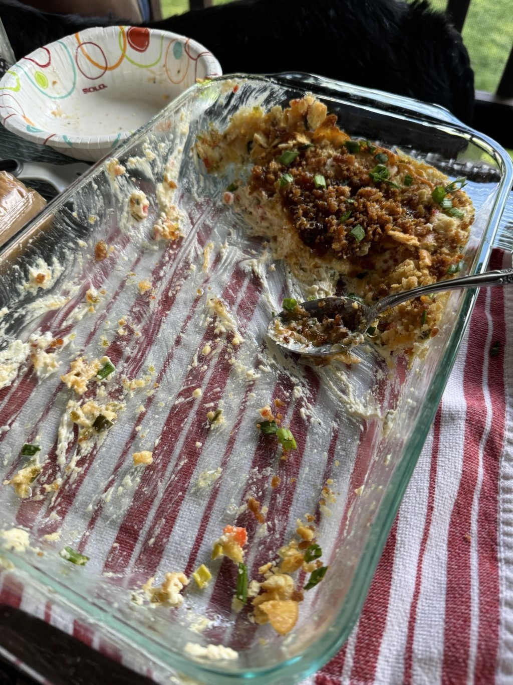 A almost empty glass baking dish of the Best party Dip