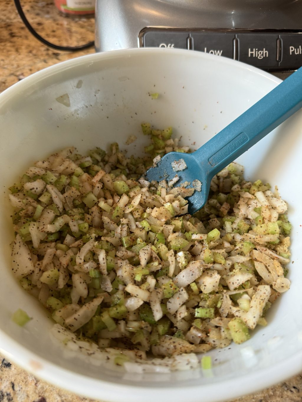 Diced celery and onion covered in spices