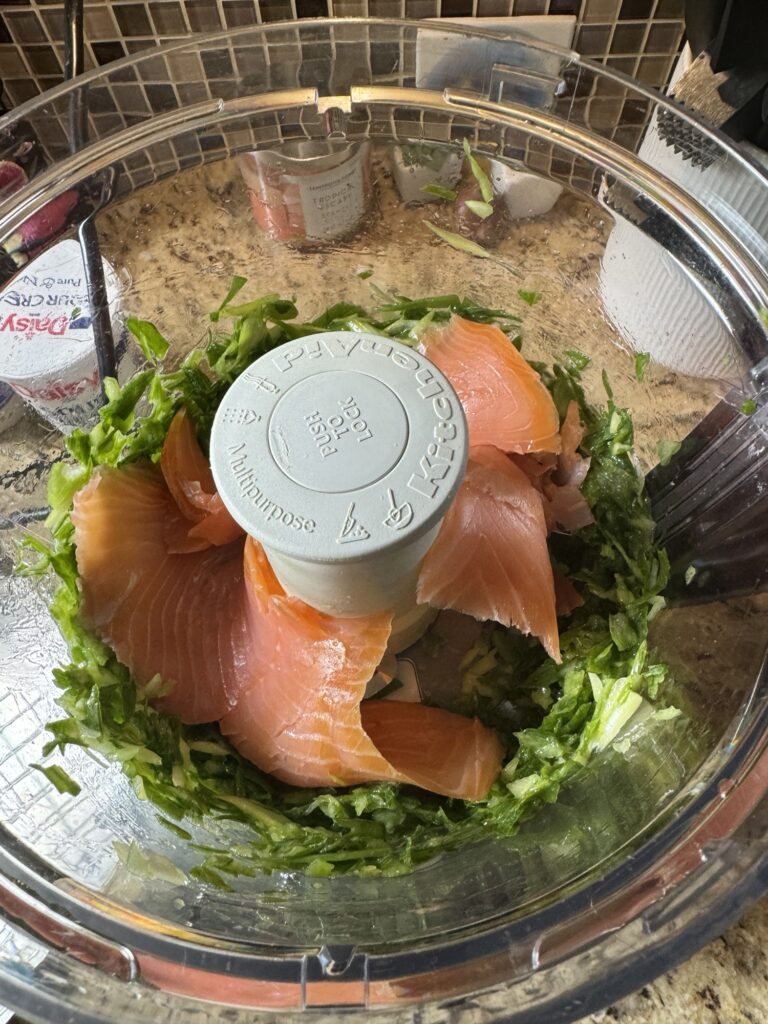 Smoked Salmon and greens in a food processor 