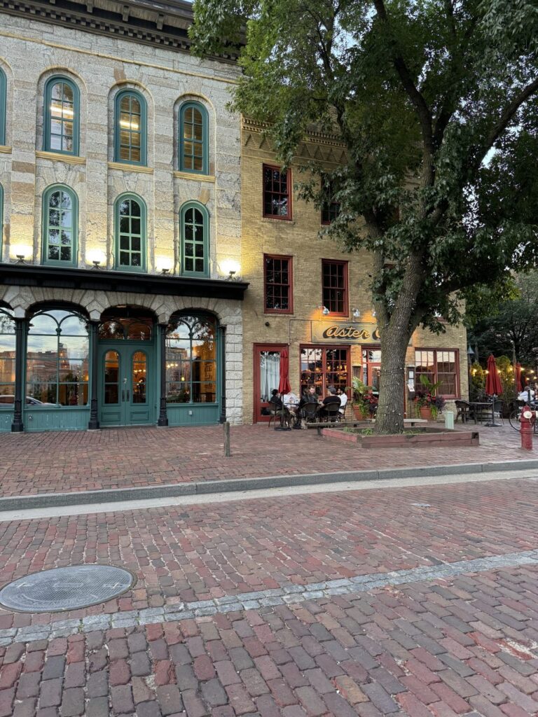 The exterior of Aster Cafe and the brick lined street it's located on.