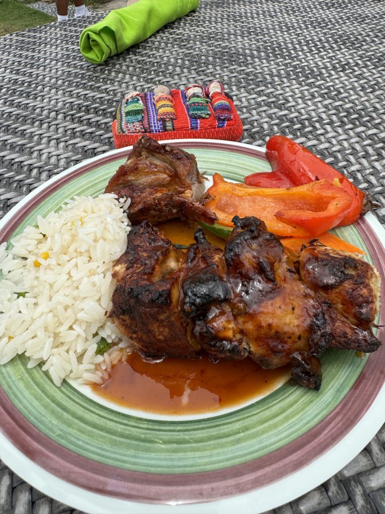 Chicken with sauce and white rice and sliced bell pepper on a plate on a table by the pool.