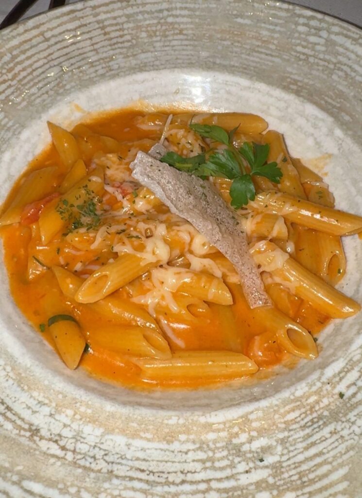 Pasta with red sauce, cheese, and vegetables.