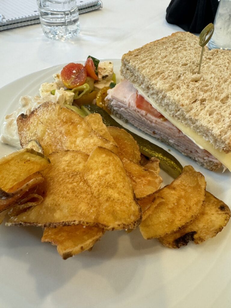 A turkey sandwich with chips, tomato salad, dip, and a pickle.