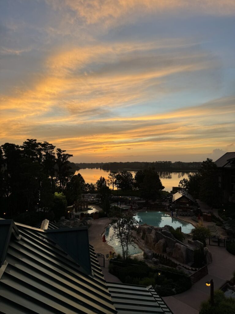 A view of the grounds of the Wilderness Lodge at sunset.