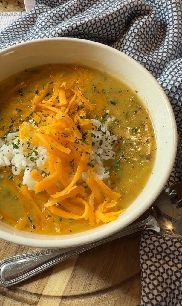 Broccoli Cheddar Soup with rice.