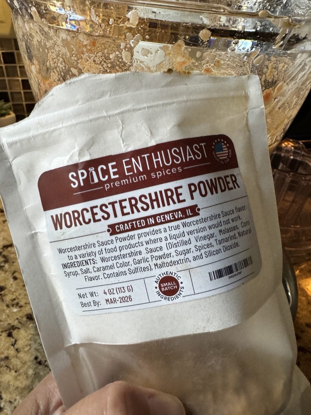 A package of Worcestershire powder.