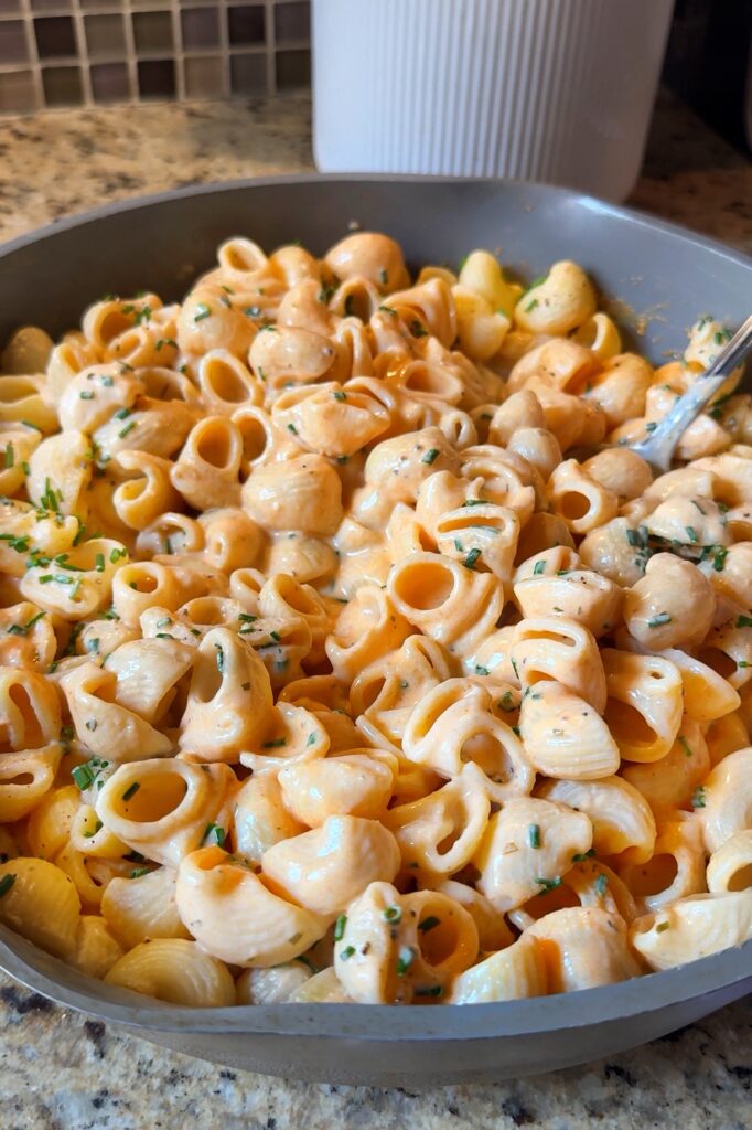 A close up picture of the Poor Man's Lobster Pasta.
