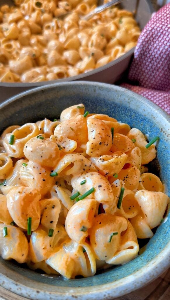 A close up of a bow of Poor Man's Lobster Pasta.