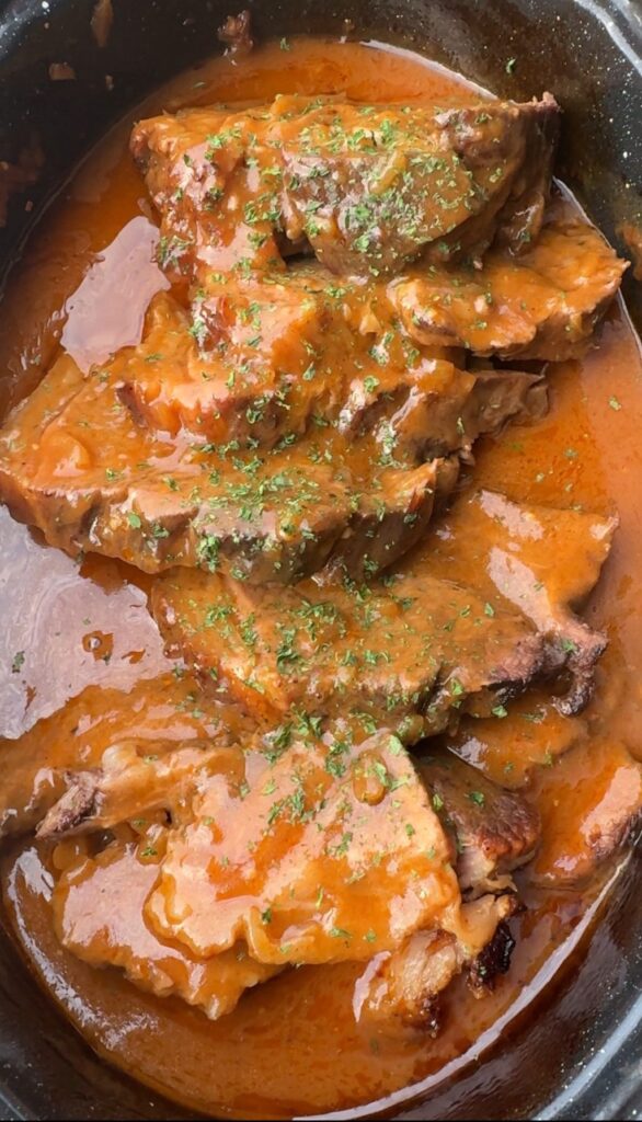 Slices of roast beef in savory onion gravy.