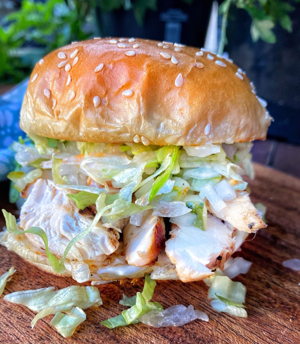 A close up of the completed chicken sandwich.