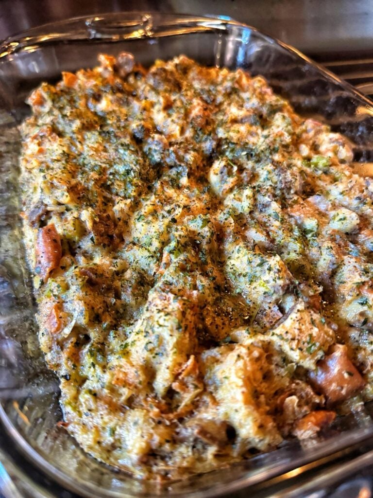 A glass baking dish with White Castle stuffing.