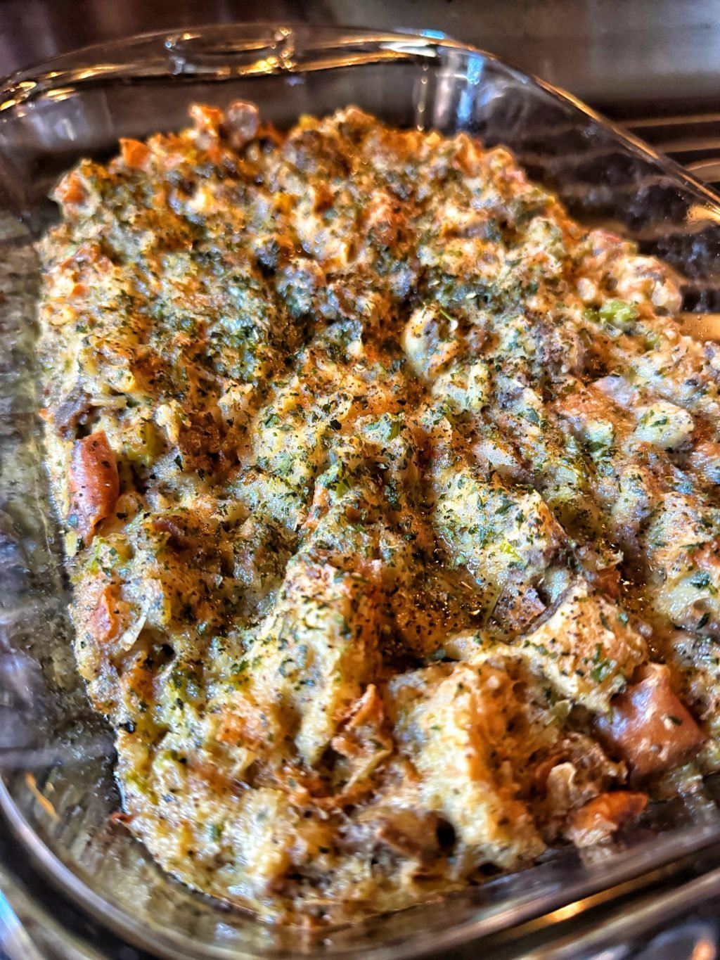 A glass baking dish with White Castle stuffing.