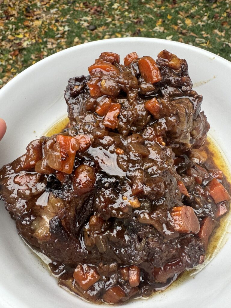 A plate of braised ox tails in gravy held over a grass background.