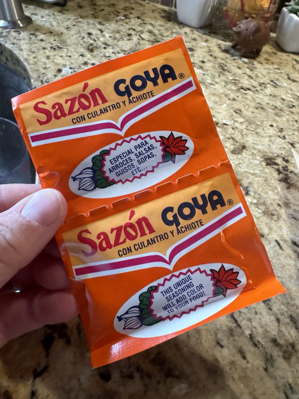 A packet of Goya Sazon seasoning