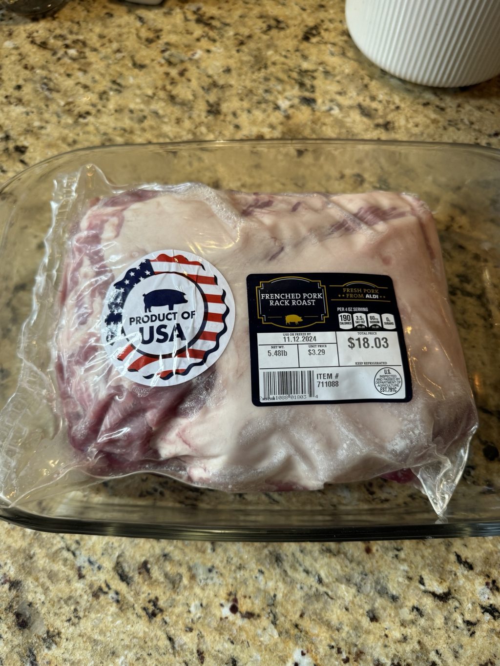 A package of frenched pork rack roast.