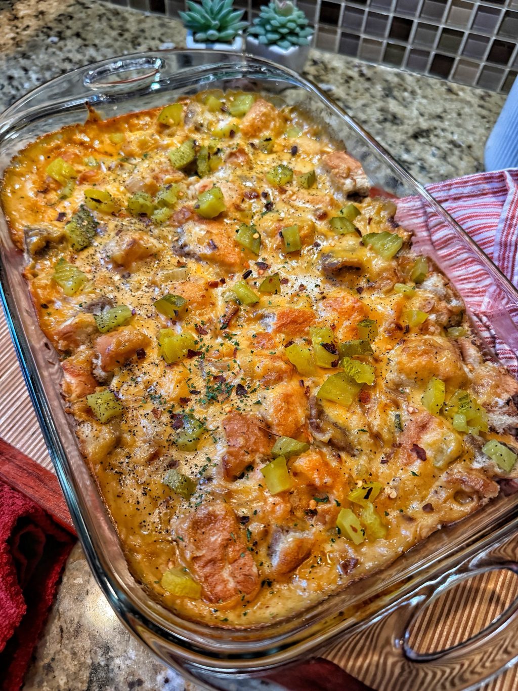The finished cheeseburger slider casserole