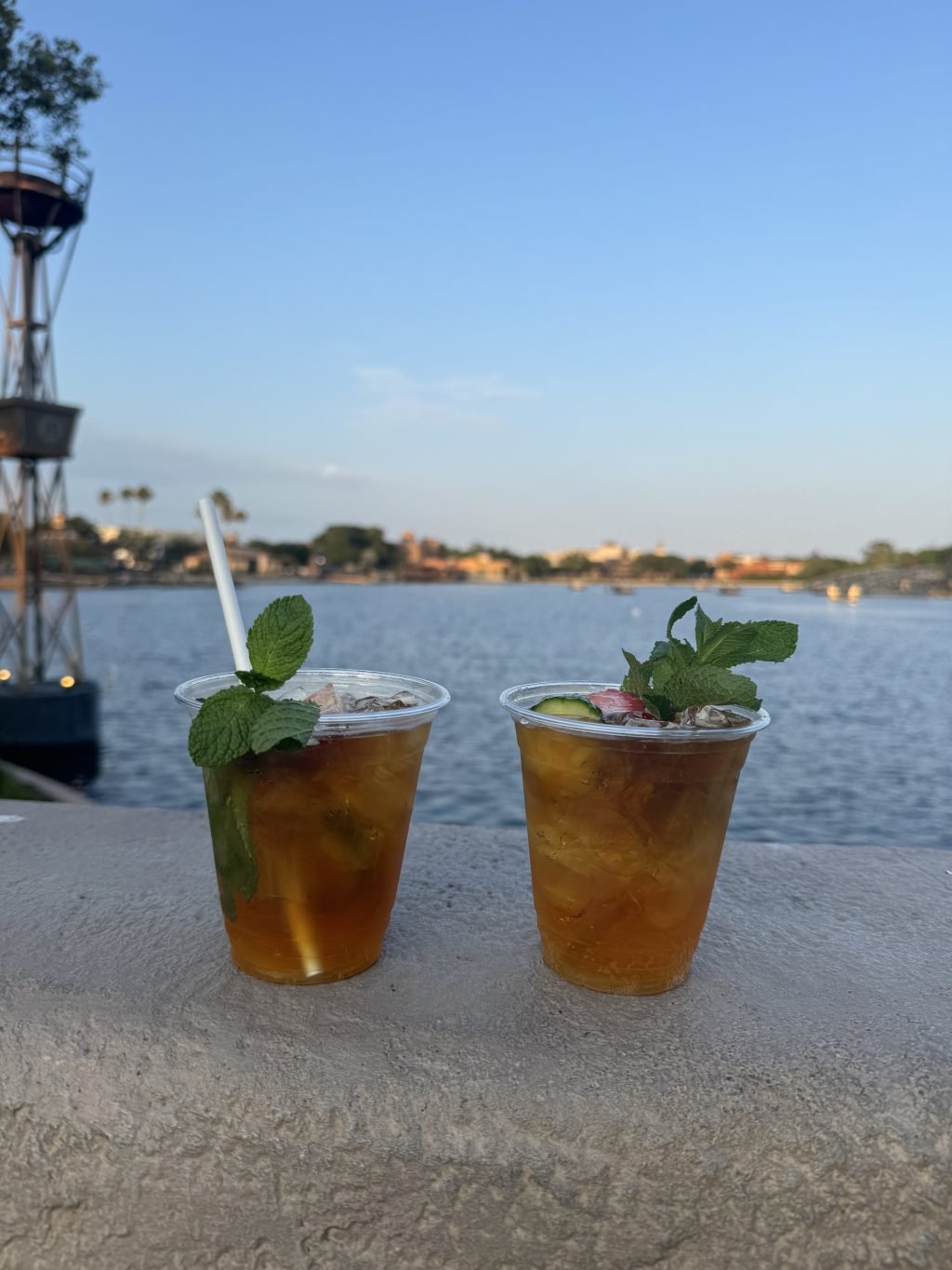 Two Pimm's Cup drinks on a ledge overlooking a body of water