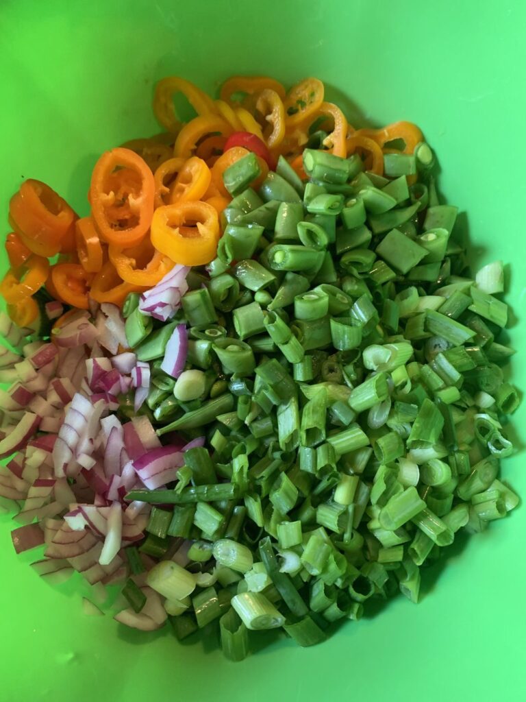 A mix of chopped veggies