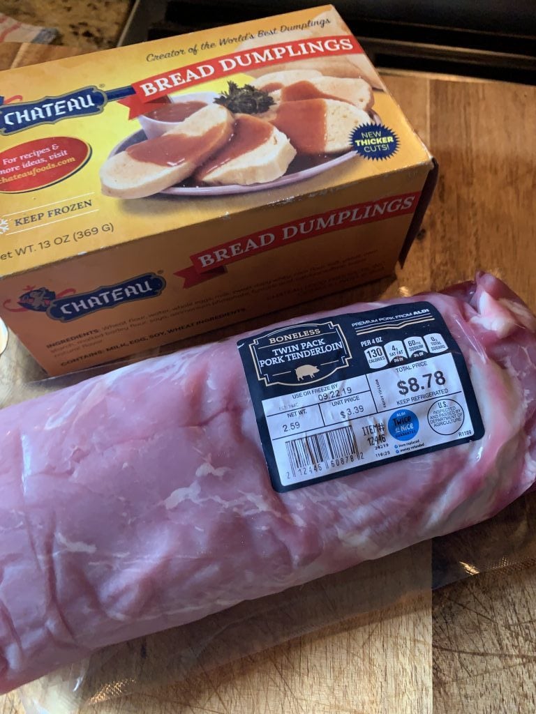 A box of Chateau bread dumplings and a pack of pork tenderloin