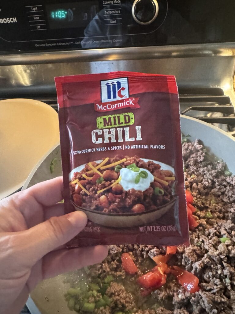 A packet of McCormick mild chili mix