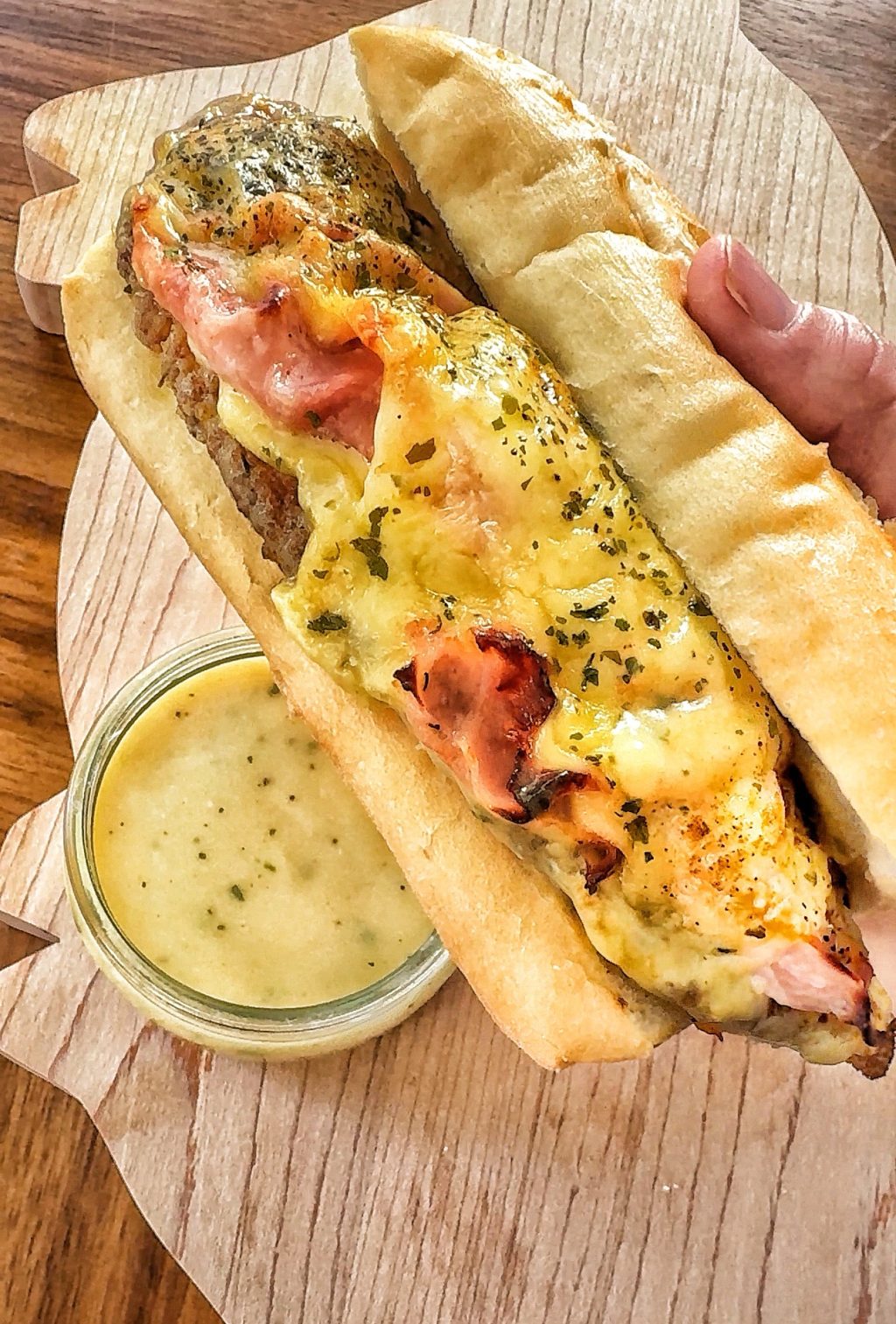 The finished chicken, ham, and Swiss sub