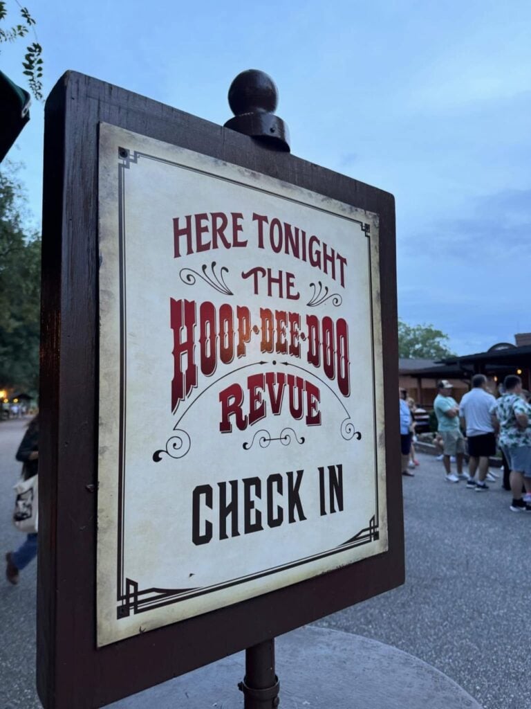 The check in sign for the Hoop Dee Doo Revue