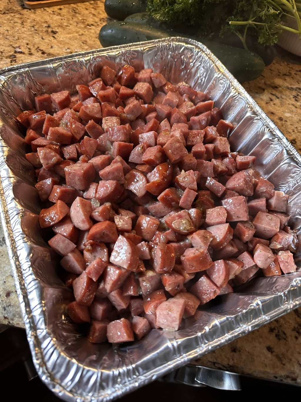 Party Polish Sausage in an aluminum baking tin