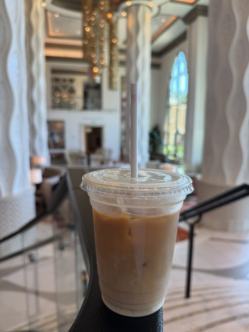 Iced coffee on a railing at the Coronado