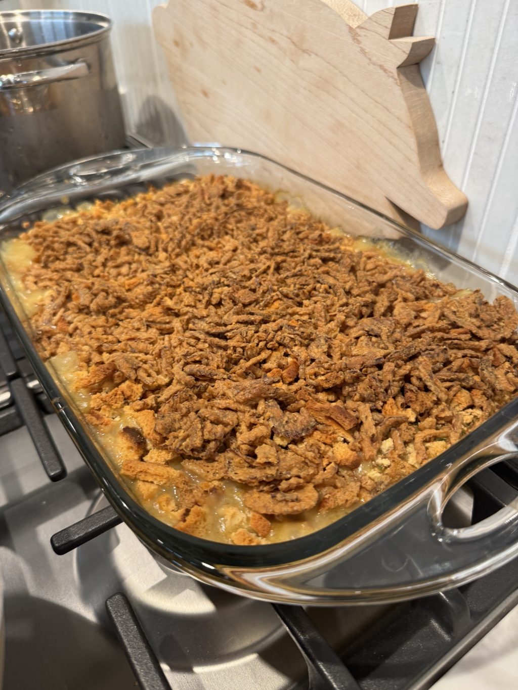 The finished casserole, all crisped up on top