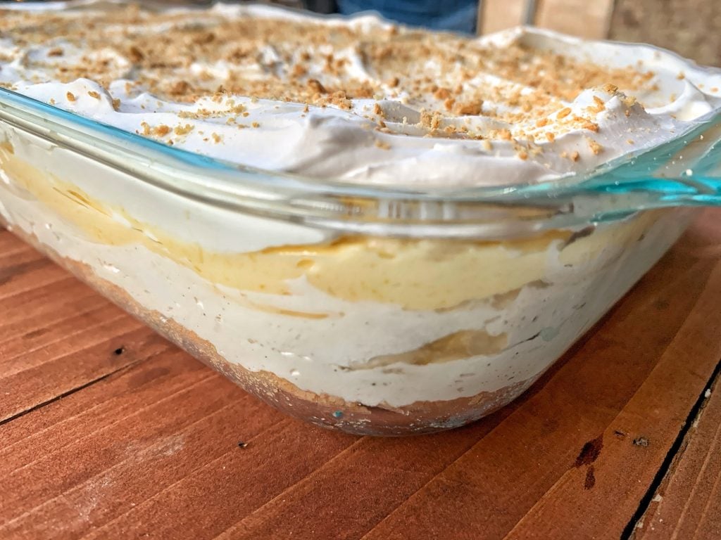 Banana Pudding Layer Cake in a glass dish
