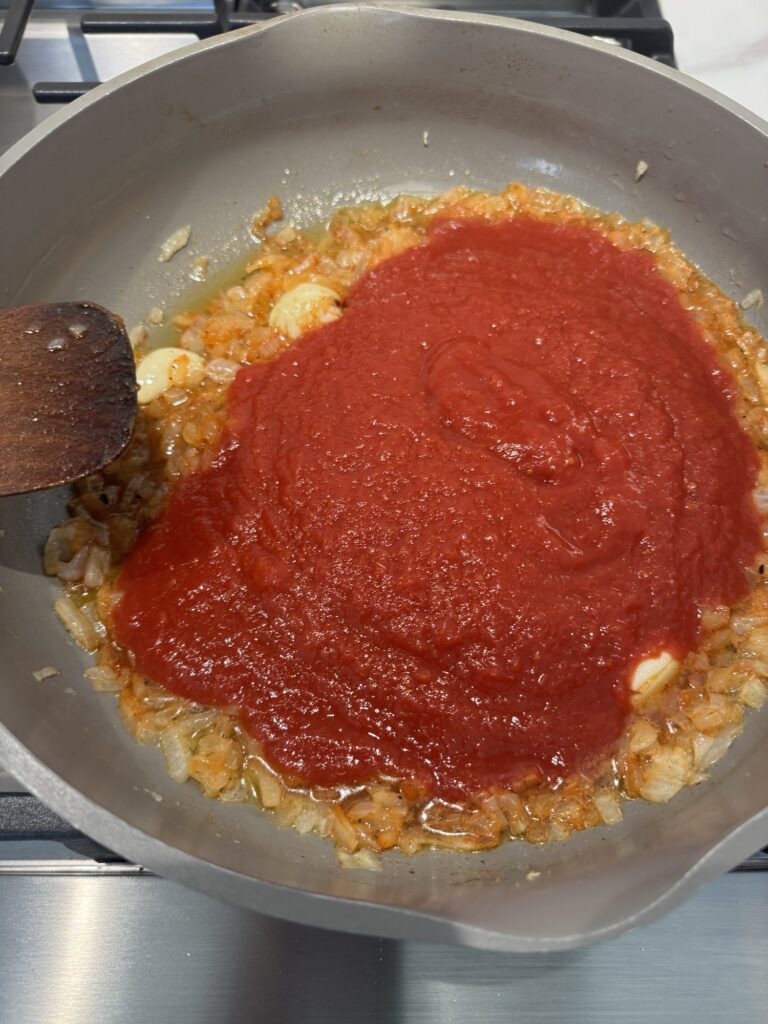 The salsa coming together in the pan