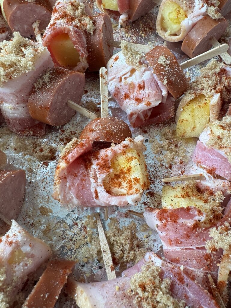 The seasoned skewers before being cooked
